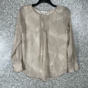H Halston Women's Tan & Gold Metallic Glam Blouse - Size Small - Smocked Front